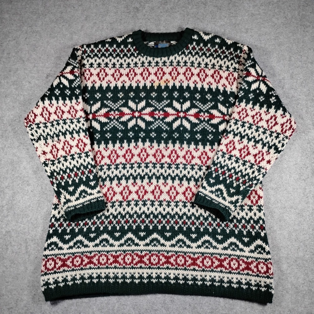 Squaw Valley Vintage 100% Wool Fair Isle Snowflake Sweater Green Red Womens L‎